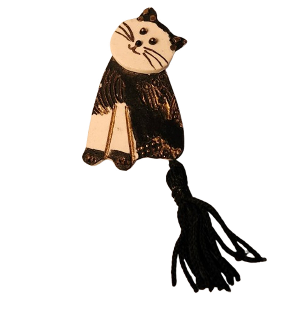 Vtg Artist Made Clay Pottery Cat Tassel Pin Brooch